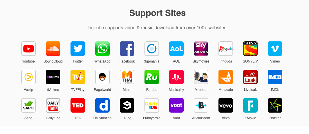 Støttede nettsteder av InsTube