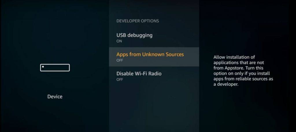 개발자 옵션의 Fire TV Unkown Sources