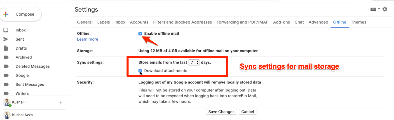 Senkronizasyon ve saklama seçeneklerine sahip Gmail Çevrimdışı Erişim ayar sayfaları