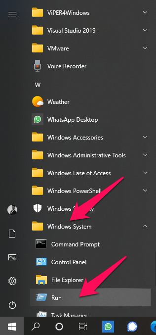 เมนูเริ่ม -> ระบบ Windows -> เรียกใช้