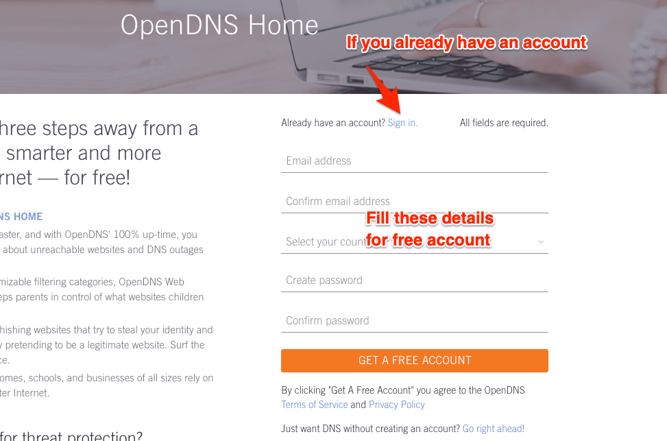 Hjem gratis af OpenDNS Tilmeldingsformular